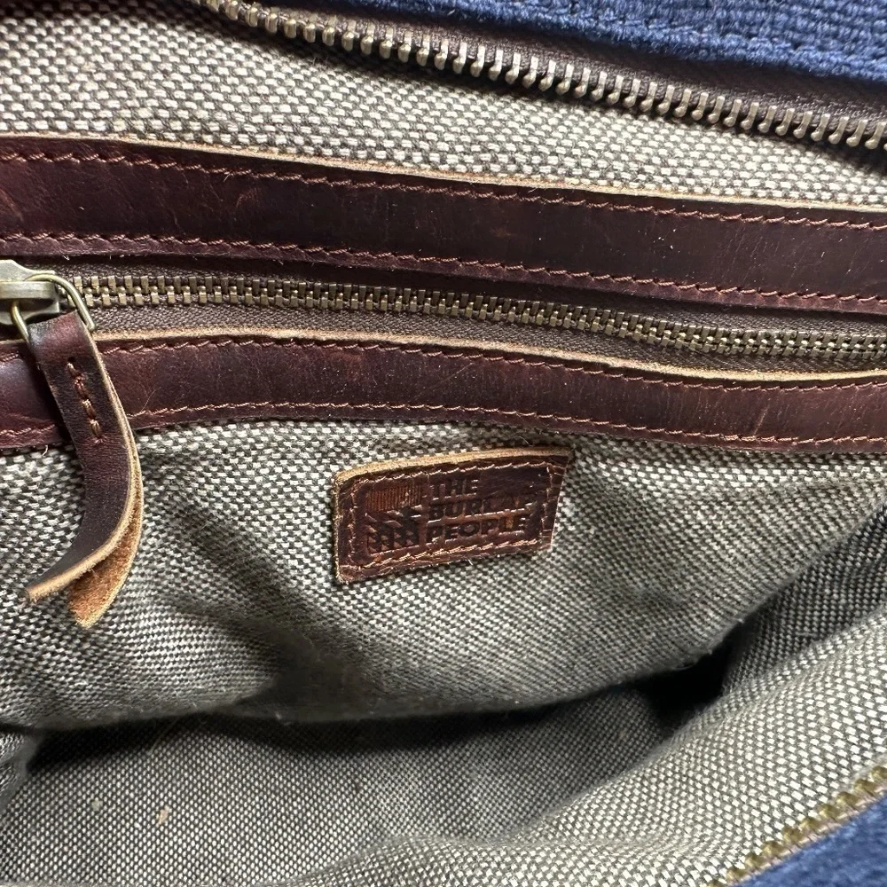 The Burlap People Shoulder Bag Navy Blue Burlap, Brown Leather